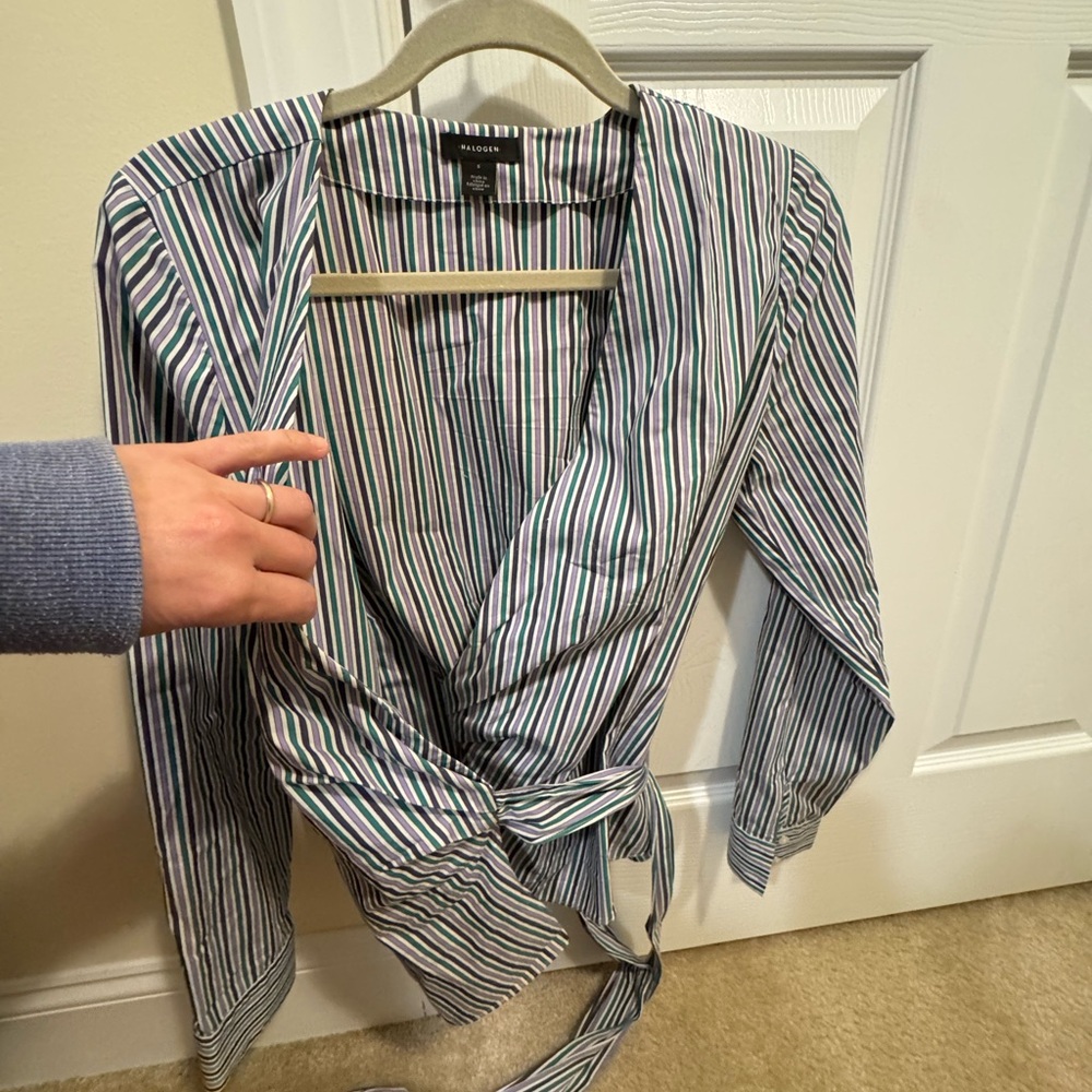 Halogen Striped Wrap Blouse Tie Waist Top Blue Green Size S
